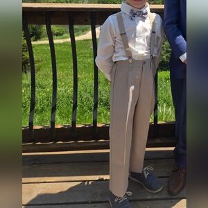 Tan Pant Set With Suspenders & 2 Bowties